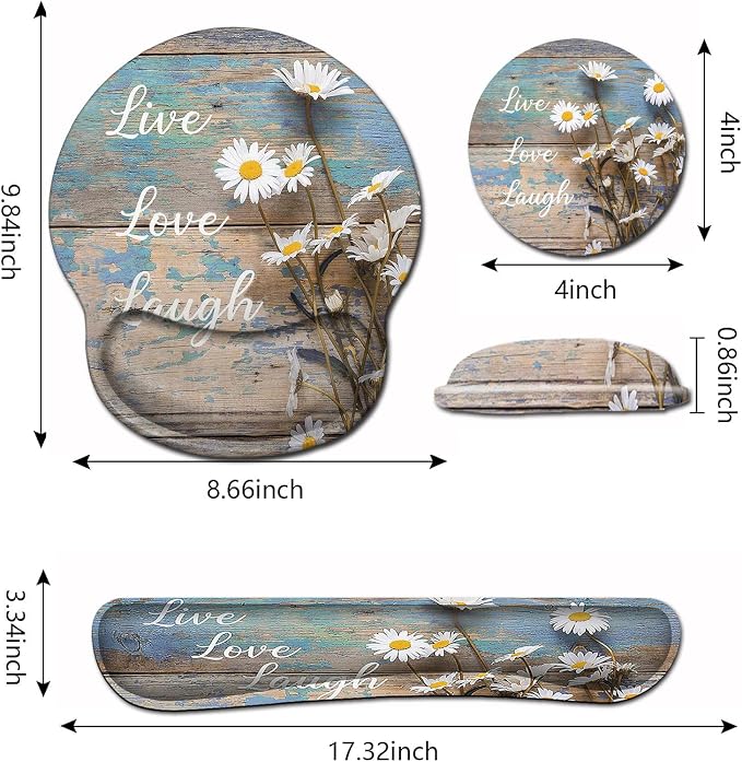 Mouse Pad for Women, Ergonomic Gel Mouse Pad, Keyboard Wrist Rest Relieves Fatigue, White Daisy Flowers on Wooden, Non-Slip and Durable, Memory Foam Keyboard Wrist Rest, for Office Typing