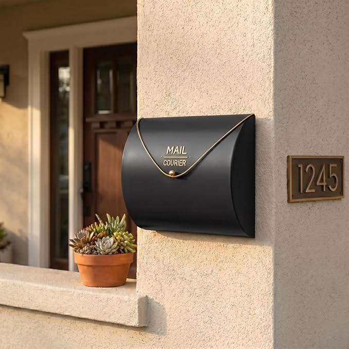 Black Wall Mount Mailbox for Outside,Waterproof Metal Mailboxes with Rust-Proof Galvanized Steel,Large Capacity Envelope Mailbox for House,12.99 x 10.35 x 3.5 Inch