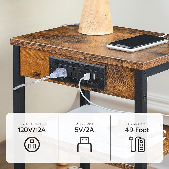 HOOBRO Side Tables Set of 2 with Charging Station and USB Port, Small End Tables for Small Space, 3-Tier Nightstands with Adjustable Shelf, for Living Room, Bedroom, Rustic Brown BF112BZP201