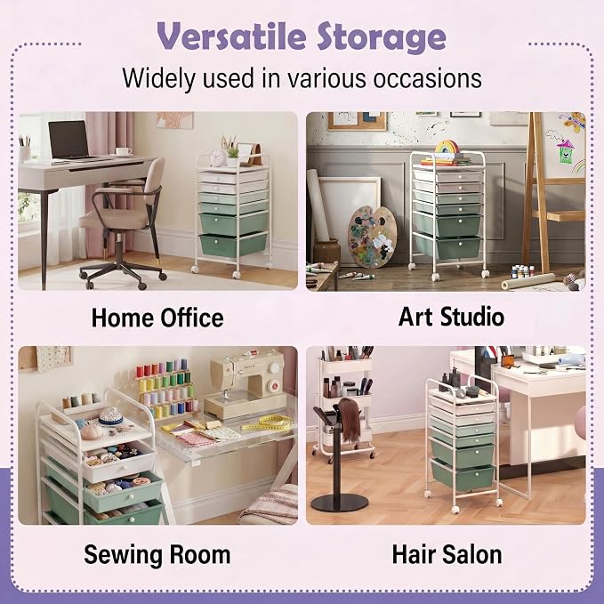 COSTWAY 6-Drawer Rolling Storage Cart, Art Craft Tools Organizer on Wheels | Multifunctional Heavy Duty Utility Mobile Storage Trolley w/ 2 Lockable Wheels for Home Office School (Green Gradient)