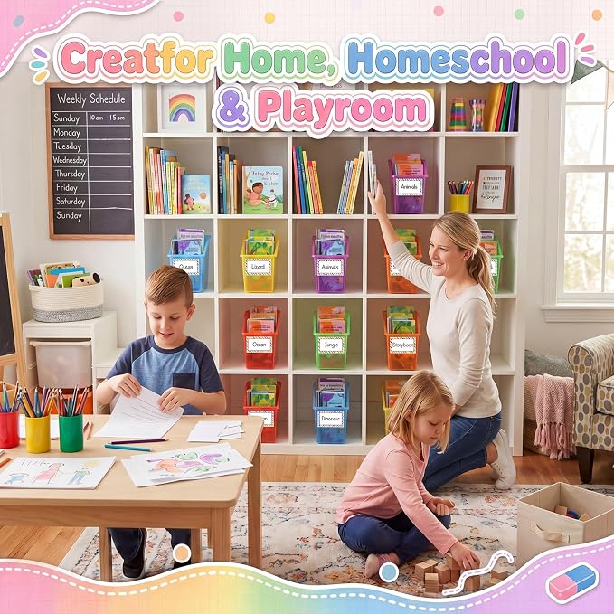 Blosssound 12 Set Book Bins for Classroom Stackable,Translucent Colorful | Plastic Baskets with Labels, Slanted Front, Library Supplies Organizers, Desktop Storage Bins, Teachers Home School Use