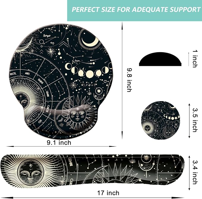 Keyboard Wrist Rest Pad Mouse Pad with Wrist Support Set of 3, Mousepad with Non-Slip Rubber Base, Ergonomic Memory Foam Mouse Wrist Cushion Support for Home Office Laptop Computer, Moon Phase