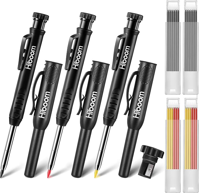 Hiboom 3 Pack Carpenter Pencil with 24 Refills Built In Sharpener,Black | Concrete Wood Metal, Deep Marking, Multi-Color Refills, 2.8mm Lead, Construction Work, Waterproof, Carpenter Builder DIY