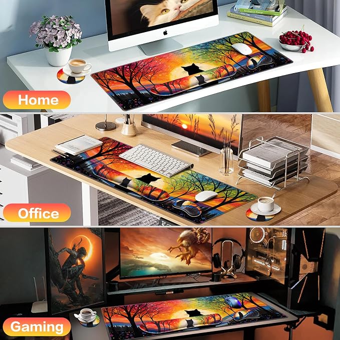 Mouse Pad with Wrist Rest Black Cat, 4-in-1 Large Mousepad Keyboard | Wrist Rest+Mouse Pad Wrist Support+Cup Pad Set,Ergonomic Mousepad,Memory Foam Desk Mat for Home Office Gaming(35.4×15.7in)