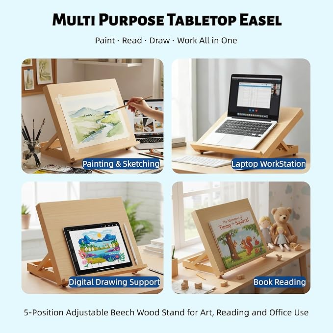 12.5"x16.5" Foldable Beechwood Tabletop Painting Easel | Portable Drafting Table & Art Stand, 5-Position Desk Easel With Smooth Art Board For Studio Sketching, Art Supplies