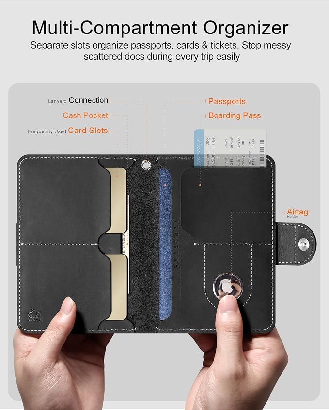RFID Passport Holder for Travel with Hidden Airtag Slot – Genuine Leather Passport Wallet, Travel Gift for Men & Women