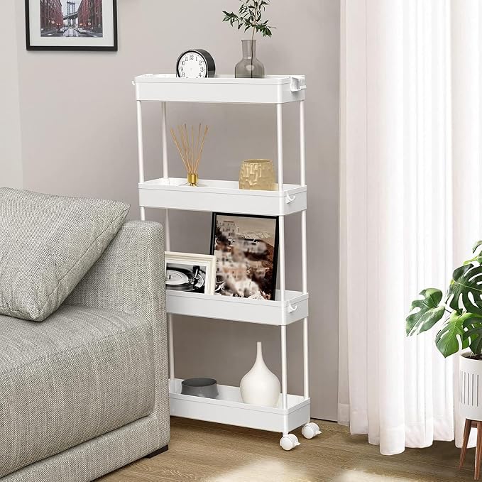 2-piece Set Slim Storage Cart 3 Tier,Bathroom Organizer Rolling Utility,Mobile Shelving Unit Slide Out for Office, Kitchen, Laundry Room & Narrow Places