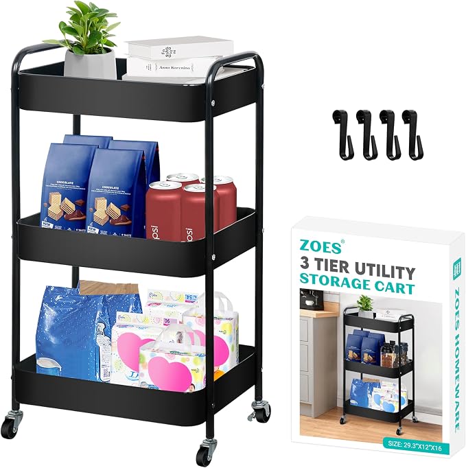 ZOES HOMEWARE 3 Tier Metal Rolling Cart on Wheels,Heavy Duty Utility Cart | Sturdy 3 Tiered Rolling Storage Cart With Hooks, Great For Craft, Art Workspace, Kitchen ,Snack And Office Storage, Black