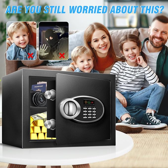 11.81" Tall Small Fire proof Safe Box with Fireproof Waterproof Bag | Steel Security Personal Fire Safe, Digital Keypad, Emergency Battery Box, Combination Lock, Safety Box For Home Office