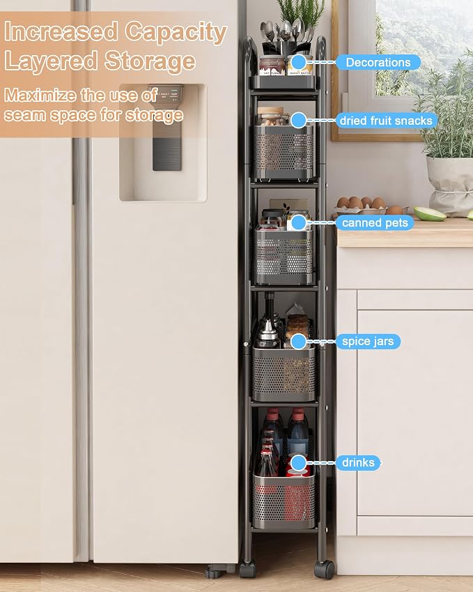 UMDONX 5-Tier Narrow Mobile Storage Cart with Pull-Out Baskets | The Multifunctional Pull-out Storage Rack Is Suitable for Bathrooms, Kitchens, and Laundry Rooms