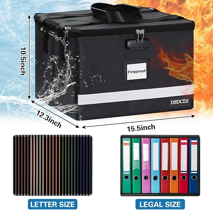 Fireproof File Box with Lock, Upgraded Fireproof Document Box with Reflective Strip, Portable File Organizer Filing Cabinet with Handle for Hanging Letter/Legal Folder, 15.5" x 12.3" x 10.5" | Fireproof