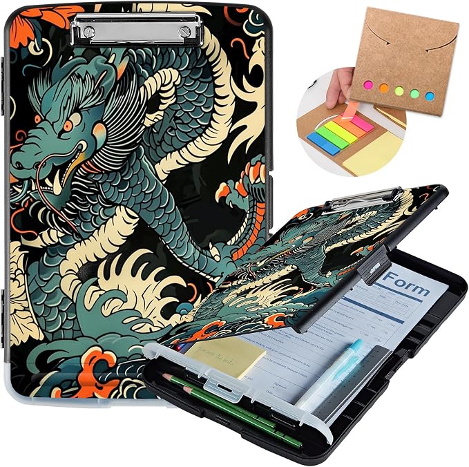 Clipboard with Storage,Storage Clipboard with Pen Holder,Heavy Duty Plastic Storage Clipboard with Low Profile Clip,Teacher Must Haves,Clipboard Folder,Office Supplies,Dragon -1355