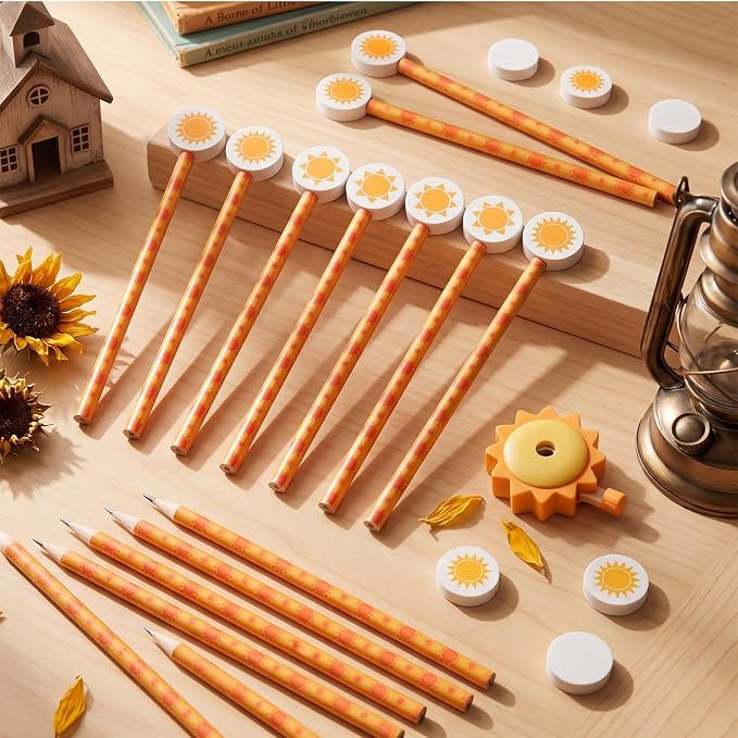32 Pcs Sun Pencil with Eraser Summer Party Favors Gifts Stationery Supplies for Classrooms Exchange Reward Prizes Home Office School Supplies(Orange and Yellow)
