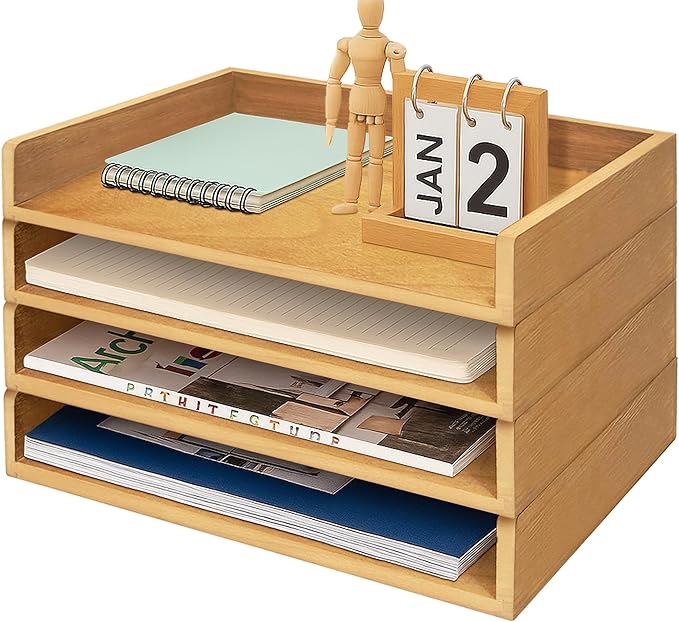 Prolee Stackable Paper Tray,Wooden Paper Organizer for Desk with 4 Letter Trays,Papers Holder and Office Document Organizer Shelf for Mail File Document(Oak,14" x 9.5" x 2.5")