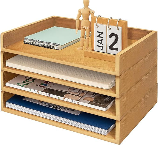 Prolee Stackable Paper Tray,Wooden Paper Organizer for Desk with 4 Letter Trays,Papers Holder and Office Document Organizer Shelf for Mail File Document(Oak,14" x 9.5" x 2.5")