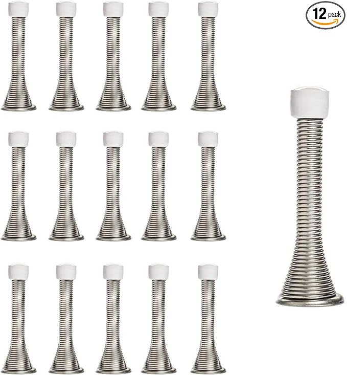 KISEER 16 Pack Spring Door Stops 3 1/4 Inch Flexible Heavy Duty Spring Door Stopper with RustProof Screw Rubber Bumper Tips (Satin Nickel)