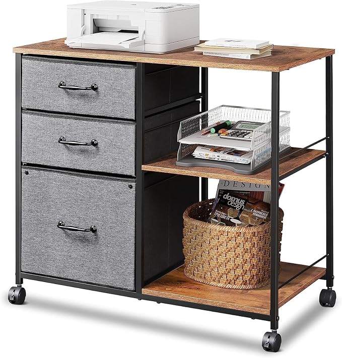 DEVAISE 3 Drawer Mobile File Cabinet with Open Storage Shelf | Rolling Printer Stand, Fabric Lateral Filing Cabinet fits A4 or Letter Size for Home Office, Rustic Brown and Gray