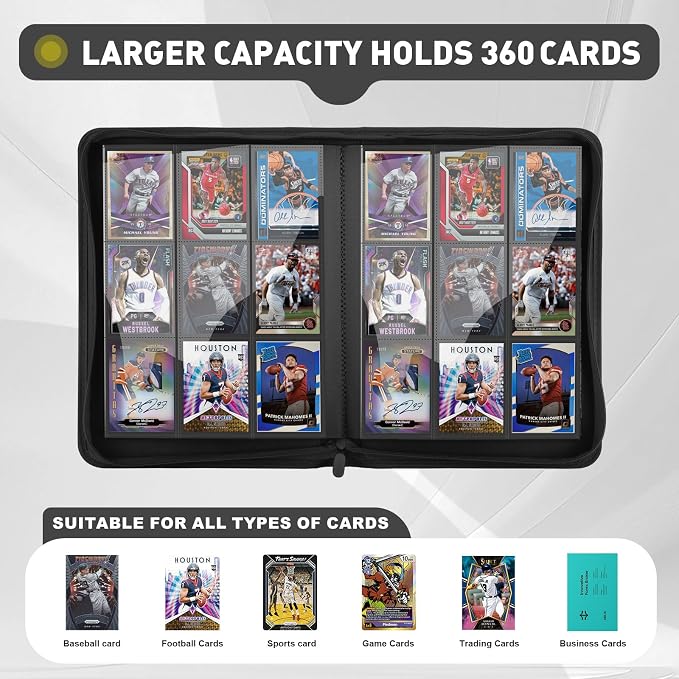 Trading Card Binder 9 Pocket, 360 Pockets Double-Sided Card Album, Premium PU Leather Zipper Card Holder for MTG, TCG, Sports & Game Cards, Must-Have for Collectors（Black）