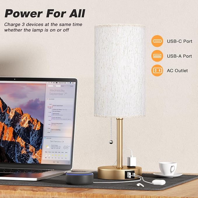 17in Bedside Table Lamp for Bedroom, Desk Lamp with USB Ports for Dorm | 17" Night Stand Lamp, USB A+C Ports, AC Outlet, 3 Color Temperatures, LED Bulb Included, Linen-Fabric Shade, Gold Brass Base