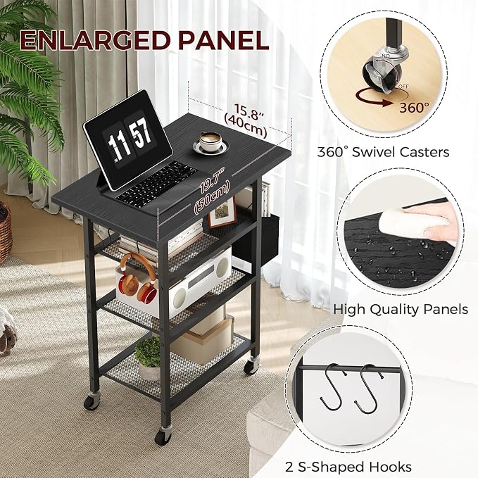 MAHANCRIS 4-Tier Printer Stand, Rolling Printer Table on Wheels, Industrial Storage Stand with Side Pocket, Wooden Tabletop, 2 S-Shaped Hooks, for Home Office, Black PTBK2601
