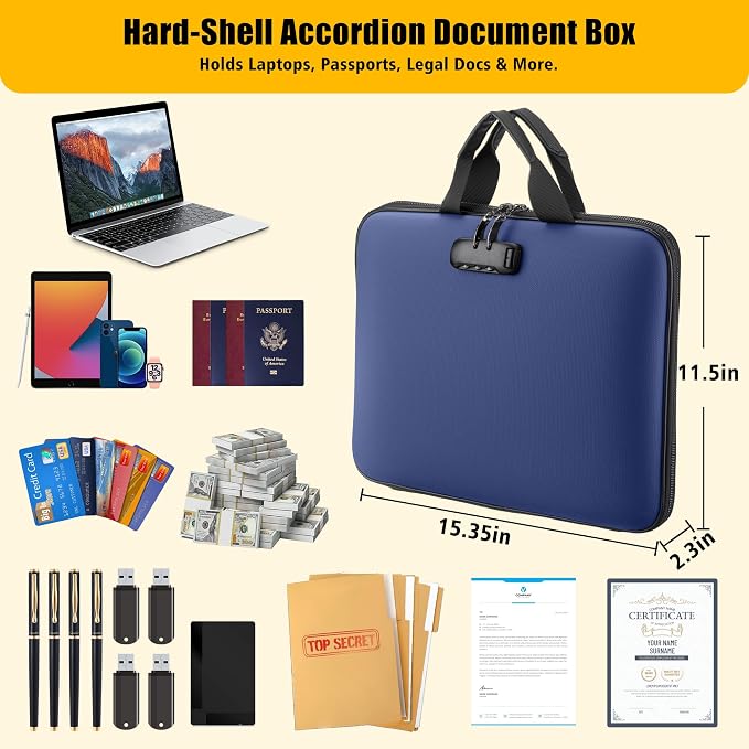 facka Fireproof Document Box with Lock, Hard-Shell Safe File Organizer | 13-Pocket Accordion Folder for Important & Legal Documents, Laptop, Passport, Cards & Valuables, Home Office Travel Blue