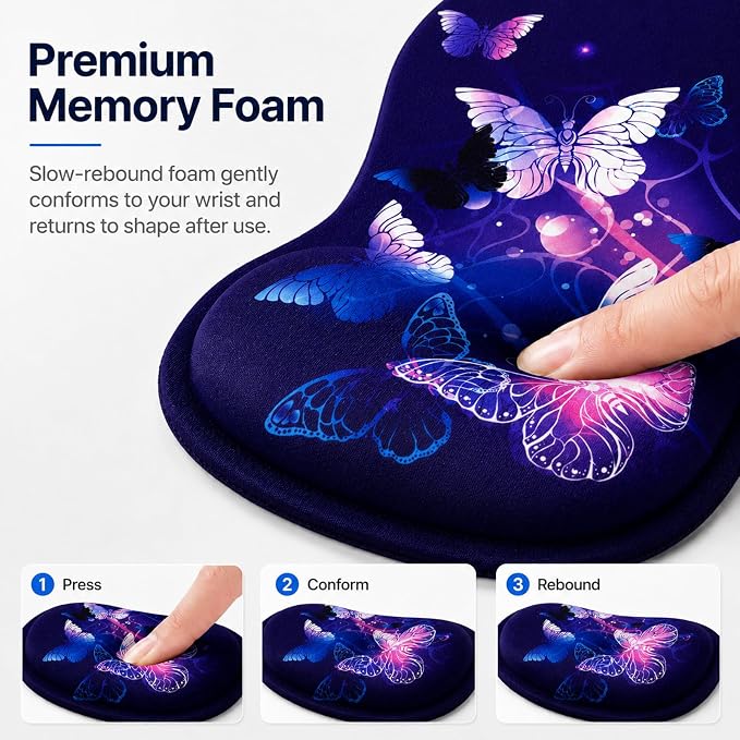 Mouse Pad with Wrist Rest Ergonomic Memory Foam Support, Non-Slip Rubber Base, Comfortable Typing Cushion for Home Office Computer Laptop, Butterfly