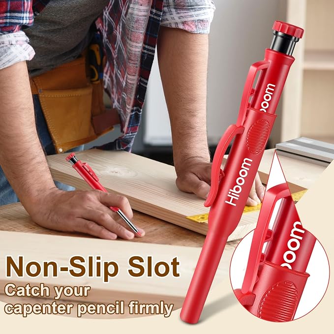 Hiboom 2 Pack Carpenter Pencils with Pencil Cap and 18 Refills, Red | Mechanical Pencil, Deep Hole Marking, Built-In Sharpener, Long Nose Tip, Pocket Clip, Marks Many Surfaces, Woodworking Use