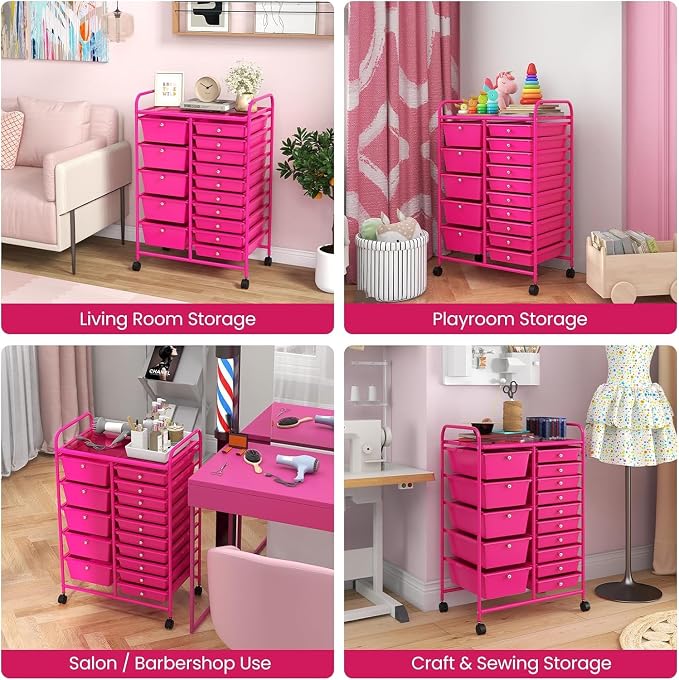 15 Drawer Rolling Storage Cart, Rolling Cart with Drawers for Classroom, Art Supply Craft Organizer on Wheel with Metal Frame & Handles for Home Office School