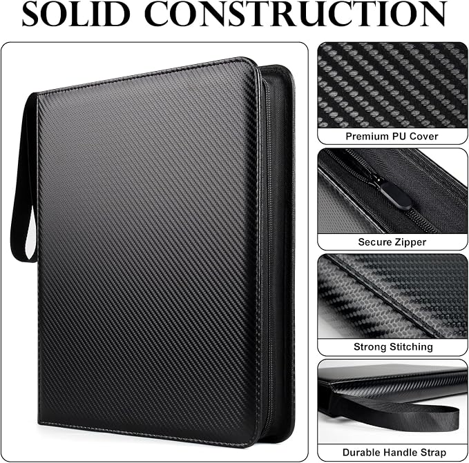 GEAoffice 12 Pocket Card Binder for 720 Cards, Premium PU Zipper Trading Card Collection Binder, Side Loading Card Album Folder for YuGiOh, MTG, TCG, Game & Sports, Non-PVC, Carbon Black