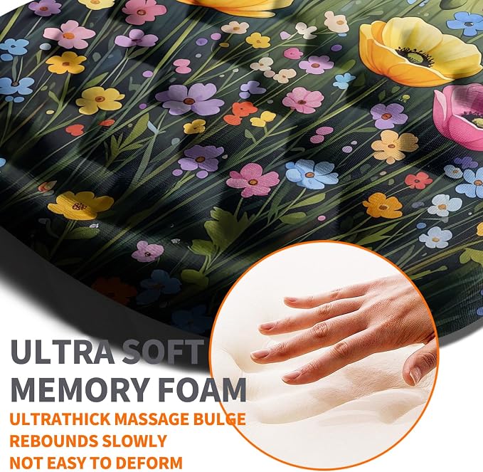 Ergonomic Joint Wrist Support Mouse Pad with Memory Foam Cushion Massage Bump, Carpal Tunnel Pain Relief Mousepad Slope Design for Wrist Rest, 11.8x7.9 in, Wild Flower