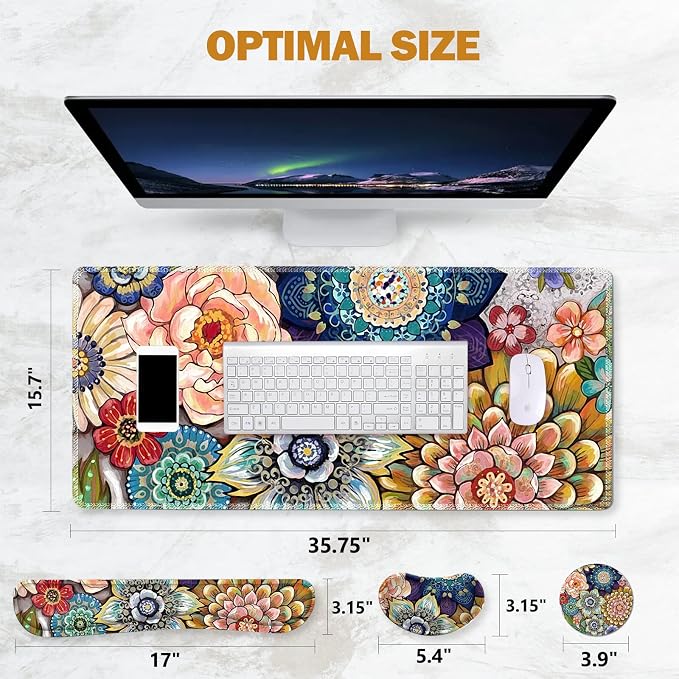 ToLuLu Extended Gaming Mouse Pad, Ergonomic Keyboard Mouse Wrist Rest Set | Large Desk Mat with Stitched Edges, Non-Slip Base Memory Foam Support Mousepad for Home Office Game, Colorful Flower