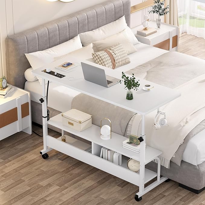 Armocity Height Adjustable Standing Desk with Power Outlets, 47" Manual Stand Up Desk with Storage Shelves Small Mobile Rolling Computer Desk Portable Laptop Table with Wheels for Home Office, White