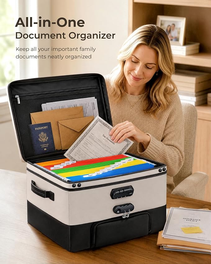 Black Fireproof Document Box with 2 Locks, 10 Hanging File Folders | Collapsible Filing Box for Next of Kin Document Safe, File Box with Hanging Folders Letter/Legal, Home Office Safe Storage