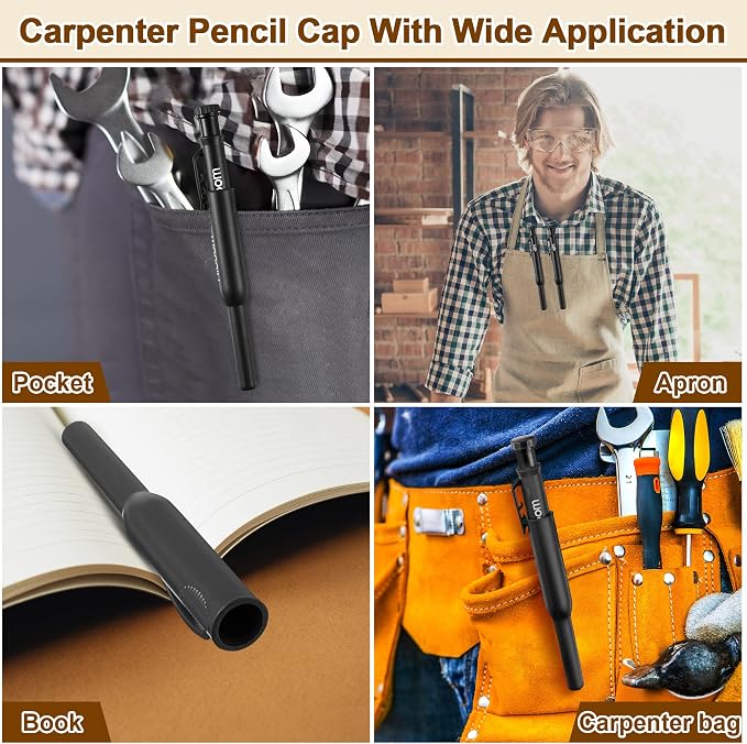 Hiboom 2 Pack Carpenter Pencils with Pencil Cap and 18 Refills, Black | Mechanical Pencil, Deep Hole Marking, Built-In Sharpener, Long Nose Tip, Pocket Clip, Marks Many Surfaces, Woodworking Use