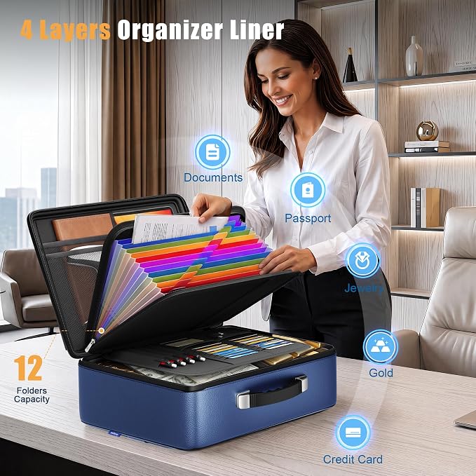 Fireproof Document Box, Hard Briefcase Fireproof Safe for Home Documents | Fire proof file box for documents, detachable accordion file organizer, waterproof digital document organiser briefcase