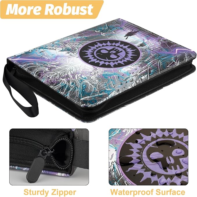 720 Pockets Round Ring Trading Card Binder, 9-Pocket Clear Zipper Card Album with Wrist Strap, Holds 720 Standard TCG Cards Compatible with Sports Baseball Football Game Cards (Purple Print)