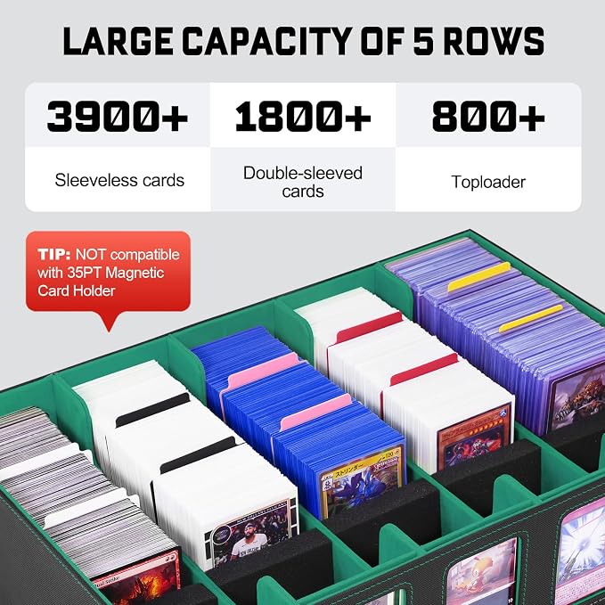 ZLCA Trading Card Storage Box 5-Row with Handle, MTG Storage Box Holds 3900+ Cards with Commander Display, Top Loaders Organizer Case for TCG PTCG Sport Card(Black&Green)
