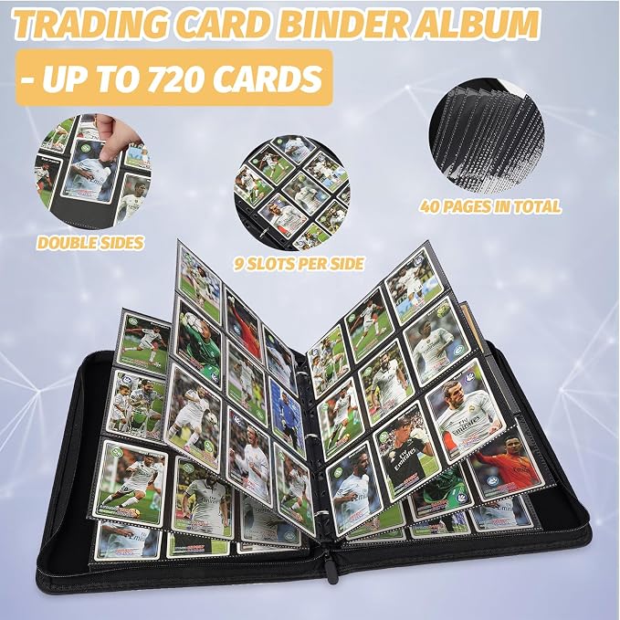 GERMUN 9 Pocket Card Binder, Premium Zip Trading Card Binder, 720 Double Sided Pocket PU Card Collection Binder, Collector Card Album, Card Folder for MTG, TCG, Sports Cards, Game Cards (Black1)