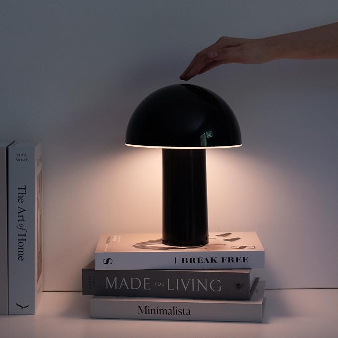 Brightech Celia Small Lamp – 10" Touch-Controlled Mushroom Table Lamp, Cordless & Dimmable LED, Portable Rechargeable Bedside Night Light, Sustainable Recycled Modern Patio Lamp for Home Décor – Black