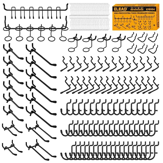 ELEAD 200-Piece Extra Thick Pegboard Hooks Set, 1/4" Heavy Duty Black Peg Board Organizer Accessories, Metal Pegboard Accessories with Pegs Lock, Peg Board Hooks for Hanging