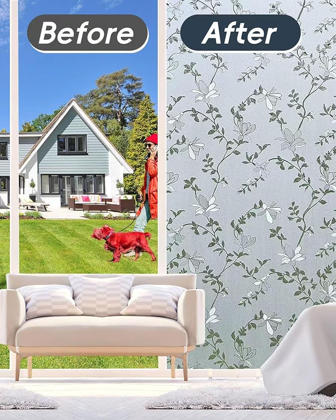 Frosted Glass Window Film with Elegant Flower Design, Bathroom Window Privacy Film for Glass Windows Cover, Static Cling, Removable, Reusable, Anti-UV, Anti-Glare, 35.4 Inch * 157.4 Inch
