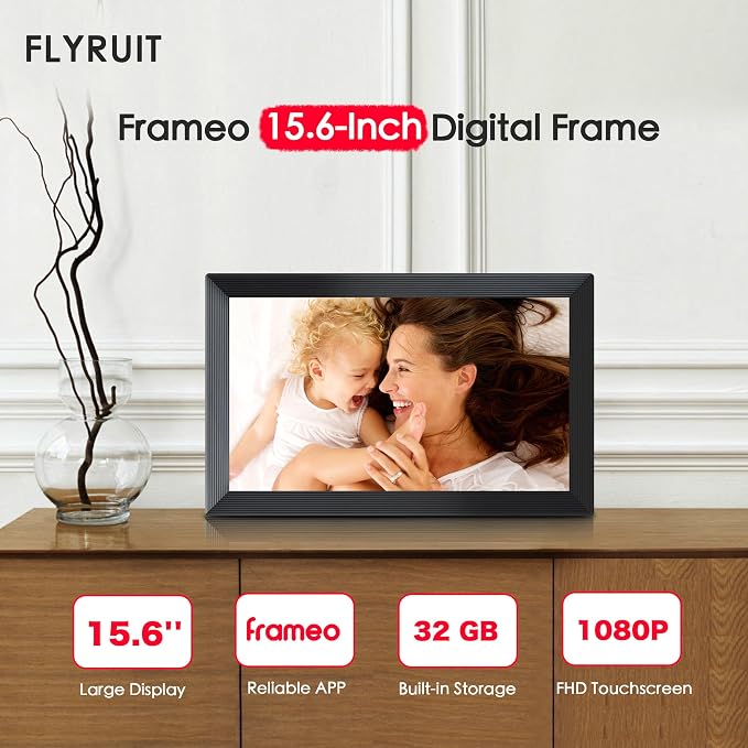 Frameo 15.6" Digital Picture Frame WiFi, Large Digital Photo Frame, 1920 * 1080 IPS FHD Touchscreen, 32GB Storage, Instant Share Photo Video, Wall-Mountable & Tabletop Display, Gift for Mom