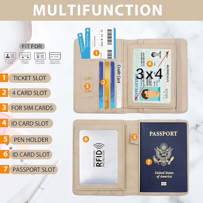 Melsbrinna Rfid Passport Holder for Travel women/Men, Cute Passport Wallet Rfid Blocking Card Slots, Rfid Passport Cover/CaseTravel Wallet, Passport Book Holder (1, Beige)