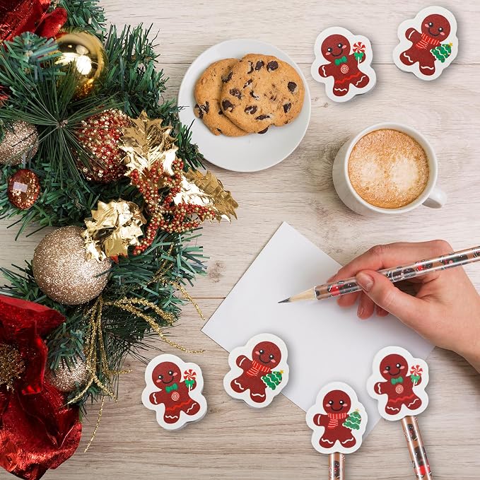 32 Pcs Gingerbread Pencils with Erasers, 16 Christmas Gingerbread Pencils Bulk 16 Erasers Winter Christmas Stationery Supplies for Classrooms Exchange Reward Prizes Home Office School Supplies