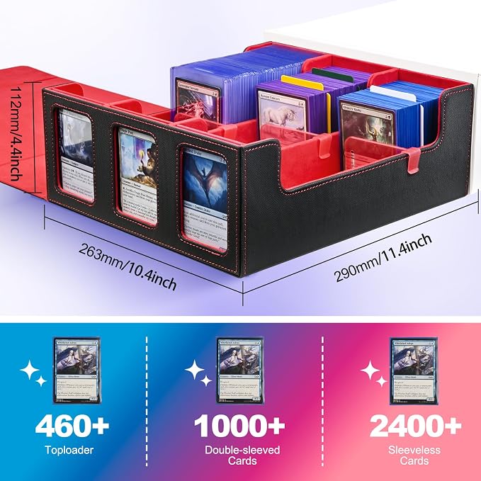 UAONO Card Storage Box for Trading Cards, 1800+ Commander Deck Box for MTG with Display Window, Toploader Card Case fits Magic TCG PTCG Sports Cards; 10 Removable Divider, 3 Stoppers (Black, Red)