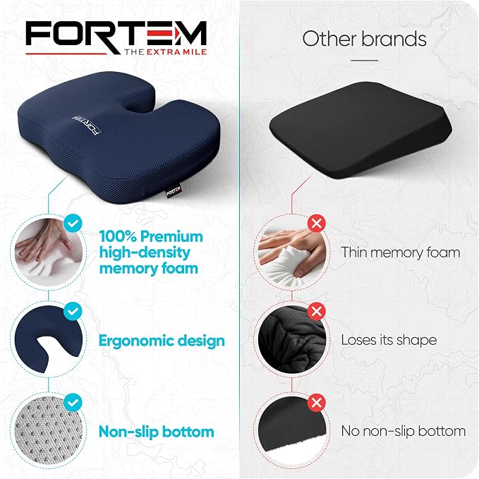 FORTEM Seat Cushion, Office Chair Cushion, Memory Foam Car Seat Cushions, Sciatica Coccyx Tailbone Pain Relief, Chair Cushions for Back Support, Sitting Pad for Gaming, Washable Cover, Non Slip, XL