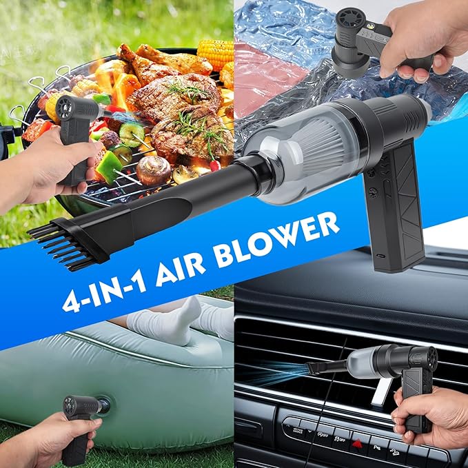 4-in-1 Compressed Air Duster with Light, Handheld Car Vacuum/Air Blower/Pump/Inflate 130000RPM Adjustable Electric Vacuum Cleaner for Computer Keyboard Car Home(Black)