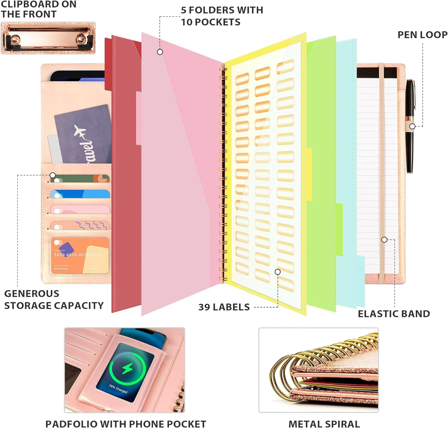 Clipboard with Storage for Men Women, Leather Padfolio Portfolio Organizer 5 Folders with 10 Pockets, Spiral Clipboard Folio with Notepad for Letter Size, Elastic Closure and Pen Loop Rose Gold