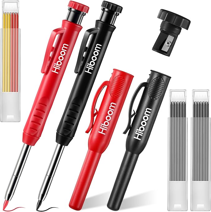 Hiboom 2 Pcs Carpenter Mechanical Pencils Marker with 18 Pcs Refills Construction Woodworking Marking Pens with Built in Sharpener and Protective Cap Long Solid Tip for Architects Woodworkers