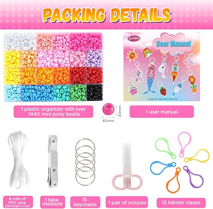 Funtopia Pony Beads Kit for Keychain Making, mini Pony Bead Pets for Kids Beginners，Includes Instructions for 15 Cute Designs and Storage Box, Kids Craft Kit for Rainy Day Group and Family Activities